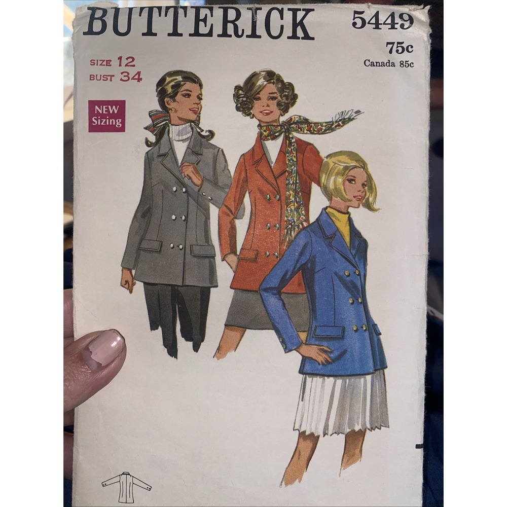 Vintage Butterick 5449 Jacket Sewing Pattern Size 12 Bust 34 Double Breasted
